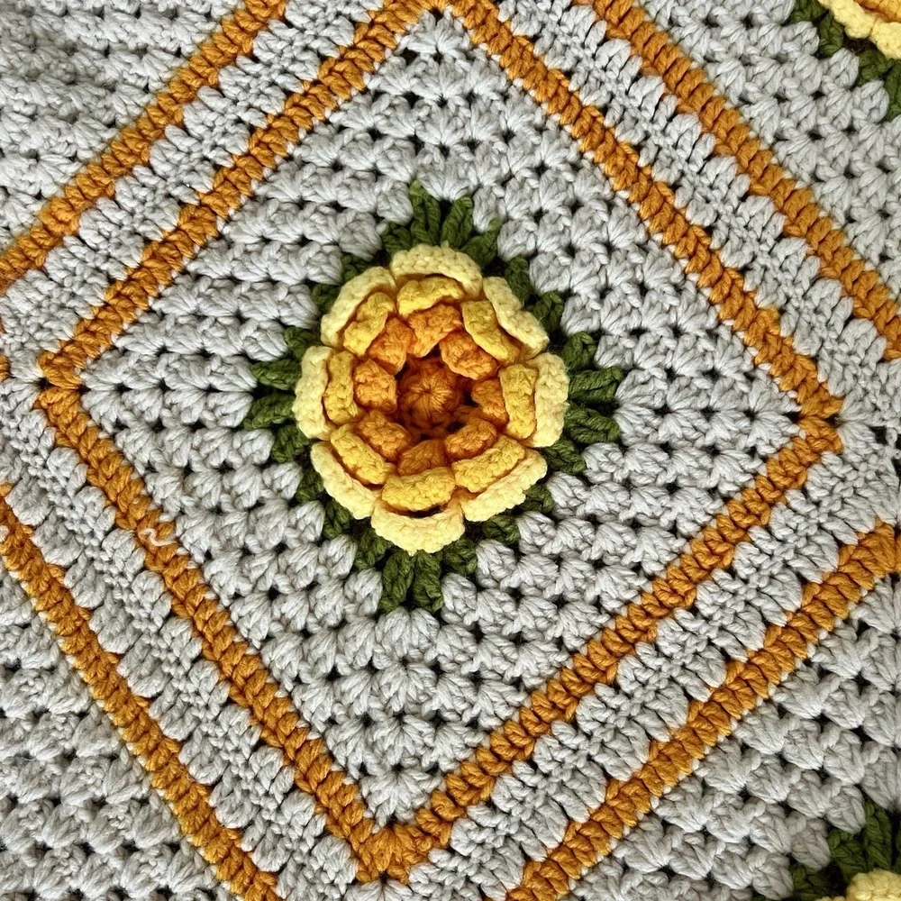 Handmade Crochet Afghan Blanket 60x45 3D Yellow Orange Floral Granny Throw